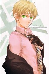  1boy axis_powers_hetalia blonde_hair character_name dress_shirt eyebrows flag formal gloves green_eyes highres kisaragi_manami male_focus necktie off_shoulder photoshop_(medium) plaid plaid_necktie shirt solo suit united_kingdom_(hetalia) untying upper_body 