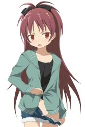  banned_artist collarbone groin hair_ribbon hood hoodie jacket long_hair mahou_shoujo_madoka_magica moritan navel oerba_yun_fang open_clothes open_fly open_jacket open_mouth pulled_by_self red_eyes red_hair ribbon sakura_kyouko shorts shorts_pull simple_background solo undressing unzipped white_background 