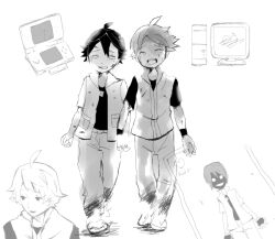  2boys aitaki alternate_costume bad_id bad_pixiv_id broken character_name computer cracked_screen crying dual_persona greyscale handheld_game_console horror_(theme) monochrome multiple_boys nintendo_ds pokemon pokemon_frlg pokemon_rgby red_(pokemon) 