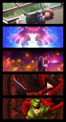  4girls bad_id bad_pixiv_id beatrice_(umineko) black_hair blonde_hair blue_eyes bug butterfly closed_eyes curly_hair dress flower garden glowing green_hair hair_bobbles hair_ornament highres hug leviathan_(umineko) lucifer_(umineko) multiple_girls necktie nomo_(16_16) photoshop_(medium) pink_flower pink_rose red_eyes red_hair rose stakes_of_purgatory umineko_no_naku_koro_ni ushiromiya_ange ushiromiya_battler 