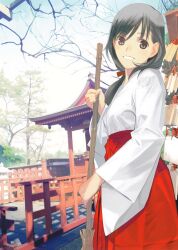  absurdres bad_link blurry broom copyright_request day depth_of_field ema female highres japanese_clothes md5_mismatch mibu_natsuki miko outdoors shrine solo standing stone_lantern tree 