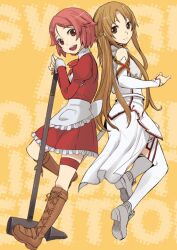  2girls :d apron armor asuna_(sao) boots breastplate brown_eyes brown_footwear brown_hair commentary_request detached_sleeves freckles hair_ornament hairclip hammer holding holding_hammer knee_boots knights_of_blood_uniform_(sao) kurusu_tatsuya lisbeth_(sao) long_hair long_legs looking_at_viewer multiple_girls open_mouth photoshop_(medium) red_eyes red_hair short_hair sidelocks sledgehammer smile sword sword_art_online thigh_strap thighhighs very_long_hair weapon white_apron white_thighhighs 