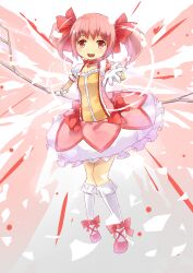  absurdres bow bubble_skirt choker dress female gloves hairband hairbow highres kaname_madoka kaname_madoka_(magical_girl) looking_at_viewer lossy-lossless mahou_shoujo_madoka_magica mahou_shoujo_madoka_magica_(anime) mushiboy open_mouth outstretched_hand pink_eyes pink_hair puffy_sleeves ribbon short_twintails skirt solo twintails white_gloves white_legwear 