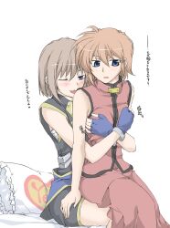  2girls :3 bed blue_eyes brown_hair commentary_request elf_(stroll_in_the_woods) grabbing grabbing_another&#039;s_breast groping highres hug hug_from_behind lyrical_nanoha mahou_shoujo_lyrical_nanoha mahou_shoujo_lyrical_nanoha_a&#039;s mahou_shoujo_lyrical_nanoha_a&#039;s_portable:_the_battle_of_aces multiple_girls orange_hair photoshop_(medium) pillow red_hair sitting sitting_on_lap sitting_on_person stern_the_destructor translated yagami_hayate yes yes-no_pillow yuri 