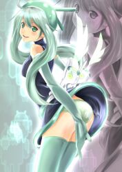  android_(os) android_(personification) aqua_eyes aqua_hair aqua_thighhighs ass blush commentary_request elbow_gloves female gloves green_panties hat highres long_hair looking_at_viewer mecha_musume miyabi_(miura105) os-tan panties personification profile smile solo thighhighs twintails underwear 