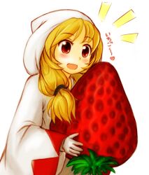  :d ^^^ akikan_(watashi_no_sekai) blonde_hair commentary_request female final_fantasy final_fantasy_tactics food fruit gloves hood long_hair open_mouth oversized_food oversized_object red_eyes robe simple_background smile solo strawberry twintails white_mage_(fft) white_mage_(final_fantasy) 