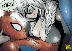  1boy :q animification black_cat_(marvel) blue_eyes bodysuit breast_rest breasts cleavage commentary_request domino_mask english_text felicia_hardy female hair_over_one_eye jinbei large_breasts long_hair marvel mask peter_parker skin_tight spider-man spider-man_(series) sweat tongue tongue_out v-neck white_hair 