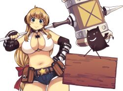  aqua_eyes bare_shoulders blonde_hair breasts cleavage collar commentary_request curvy denim denim_shorts deviruchi elbow_gloves female fingerless_gloves gloves hammer horns huge_breasts huge_weapon long_hair mil_(xration) navel ragnarok_online shorts simple_background standing thighs weapon white_background whitesmith_(ragnarok_online) 