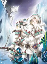  1boy armor baggi_(armor) barioth blue_eyes bow_(weapon) brown_eyes brown_hair capcom dual_wielding felyne female lagombi_(armor) monster_hunter snow sword urukususu_(armor) weapon 