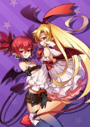  2girls :q bare_legs black_thighhighs blonde_hair bow choker commentary_request demon_tail demon_wings detached_sleeves disgaea earrings elbow_gloves etna_(disgaea) flonne flonne_(fallen_angel) gloves highres jewelry long_hair monmon_(monx) multiple_girls pointy_ears red_eyes red_hair short_hair tail tail_bow tail_ornament thighhighs tongue tongue_out wings 