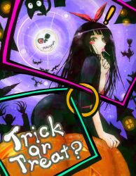  ! ass blush_stickers bow broom candy commentary_request feline female food funakura halloween jack-o&#039;-lantern jiji_(majo_no_takkyuubin) kiki_(majo_no_takkyuubin) lollipop majo_no_takkyuubin moon solo trick_or_treat 