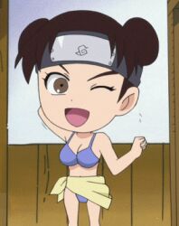  :d animated animated arms_behind_head bikini breast_grab breasts brown_eyes brown_hair chibi cleavage double_bun female forehead_protector grabbing headband konohagakure_symbol lowres naruto naruto_sd:_rock_lee_no_seishun_full-power_ninden open_mouth sarong screencap smile solo swimsuit tenten wink 