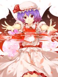  bat_wings blue_hair commentary_request dress female hat jurakin red_eyes remilia_scarlet ribbon smile solo spear_the_gungnir spell_card touhou wings 