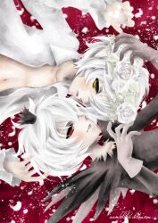  2boys alexa_pasztor bad_deviantart_id bad_id cover cover_page crown doujin_cover dual_persona flower gloves male_focus multiple_boys mytho_(princess_tutu) navel open_clothes open_shirt pavane photoshop_(medium) princess_tutu red_eyes rose rotational_symmetry shirt smile spoilers white_flower white_hair white_rose yellow_eyes 