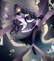  akemi_homura akemi_homura_(magical_girl) bad_id bad_pixiv_id black_hair female hair_ribbon hairband highres kusamoto_sora long_hair magical_girl mahou_shoujo_madoka_magica mahou_shoujo_madoka_magica_(anime) pantyhose pleated_skirt purple_eyes ribbon skirt solo tears 