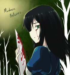  alice:_madness_returns alice_liddell_(american_mcgee&#039;s_alice) american_mcgee&#039;s_alice black_hair blood blood_from_eyes butter-t commentary female green_eyes long_hair looking_at_viewer photoshop_(medium) solo 