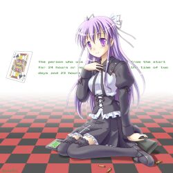  artist_name black_thighhighs bullet card checkered_floor commentary_request cross english_text female gun hair_ribbon jack_(playing_card) jack_of_spades kidou_nagisa kneeling kotaken long_hair playing_card purple_eyes purple_hair ribbon secret_game smile solo thighhighs weapon 