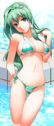  artistic_error bad_id bad_pixiv_id bare_shoulders bikini breasts cleavage covered_nipples female female_pubic_hair green_eyes green_hair hair_ornament hairclip henshako highres kochiya_sanae large_breasts long_hair navel photoshop_(medium) pool pubic_hair smile solo striped_bikini striped_clothes swimsuit touhou water wet 