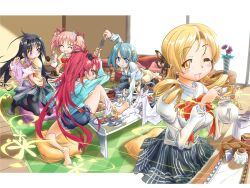  5girls akemi_homura barefoot black_hair blonde_hair blue_eyes blue_hair blush breasts cake closed_eyes commentary_request creamer_(vessel) cup denim denim_shorts drill_hair fighting food fork hair_ribbon hairband hood hoodie indoors kaname_madoka kyuubee long_hair mahou_shoujo_madoka_magica mahou_shoujo_madoka_magica_(anime) medium_breasts miki_sayaka mitakihara_school_uniform multiple_girls naka_(nicovideo14185763) one_eye_closed photoshop_(medium) pillow pink_hair plaid plaid_skirt pleated_skirt ponytail purple_eyes red_eyes red_hair ribbon sakura_kyoko school_uniform short_hair short_twintails shorts skirt small_breasts sweatdrop table tea teacup teapot tomoe_mami twintails yellow_eyes 