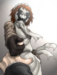  1boy apron broken_finger ceramic_man commentary_request female formal genderswap_(mtf) gloves injury maid mask miss_uncompromising red_hair rorschach rule_63 short_hair suit watchmen 