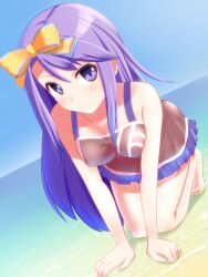  arm_support barefoot battlegaregga bow commentary_request dutch_angle female hairbow highres kneeling long_hair purple_eyes purple_hair rune_factory rune_factory_3 sofia_jalapeno_viviage solo water 