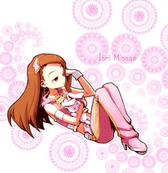  armband brown_eyes brown_hair character_name commentary_request doily female hair_flip hair_ornament high_heels hugging_doll hugging_object idolmaster idolmaster_(classic) jewelry long_hair minase_iori necklace nightea one_eye_closed pants photoshop_(medium) pink_diamond_765_(idolmaster) pink_pants shoes sleeveless solo stuffed_animal stuffed_rabbit stuffed_toy usa-chan_(idolmaster) 