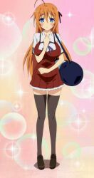  absurdres ahoge bag black_legwear blue_eyes blush breast_expansion breasts female hair_ribbon highres konoe_subaru large_breasts long_hair mayo_chiki! orange_hair photoshop ribbon screencap shoes solo standing thighhighs zettai_ryouiki 