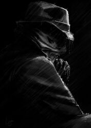  1boy coat expressionless fedora gloves greyscale hat liz_(tk) looking_away male_focus mask monochrome photoshop_(medium) rain rorschach signature solo trench_coat watchmen 