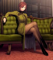  aozaki_touko cigarette couch crossed_legs dress female fishnet_pantyhose fishnets game_cg highres koyama_hirokazu long_legs mahou_tsukai_no_yoru pantyhose red_eyes red_hair scarf short_hair sitting smug solo 