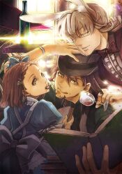  2boys alice_(alice_in_wonderland) alice_(alice_in_wonderland)_(cosplay) alice_in_wonderland animal_ears barnaby_brooks_jr. blonde_hair book bow bowtie braid braided_bangs brown_eyes brown_hair commentary_request cosplay dress facial_hair fedora female glasses hair_ornament hairclip hat kaburagi_kaede kaburagi_t._kotetsu kemonomimi_mode mad_hatter_(alice_in_wonderland) mad_hatter_(alice_in_wonderland)_(cosplay) multiple_boys ogiko puffy_sleeves rabbit_ears side_ponytail stubble tiger_&amp;_bunny white_rabbit_(alice_in_wonderland) white_rabbit_(alice_in_wonderland)_(cosplay) 