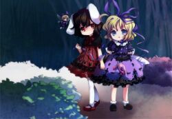  2girls alternate_color amo_(shibu3) animal_ears blonde_hair blue_eyes bow brown_hair commentary_request dress elbow_gloves full_body gloves hair_ribbon hairbow highres inaba_tewi loafers lolicon mary_janes medicine_melancholy multiple_girls open_mouth pantyhose player_2 purple_dress rabbit_ears red_eyes ribbon shoes short_hair socks stuffed_animal stuffed_rabbit stuffed_toy su-san touhou white_legwear wings 