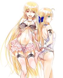  2girls ahoge alternate_costume arnoul artoria_pendragon_(fate) bad_id bad_pixiv_id bikini blonde_hair blue_eyes bow bra bracelet earrings elbow_gloves fate/stay_night fate/zero fate_(series) frilled_bikini frills garter_belt genderswap_(mtf) gilgamesh_(fate) gloves green_eyes hair_down hair_ribbon hairbow jewelry lingerie long_hair multiple_girls one-piece_swimsuit open_mouth panties photoshop_(medium) red_eyes ribbon rule_63 saber_(fate) simple_background smile swimsuit thighhighs underwear very_long_hair white_background 