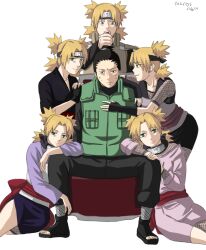  1boy 5girls bad_id bad_pixiv_id black_hair blonde_hair clone fishnets full_body green_eyes hand_fan multiple_girls multiple_persona nara_shikamaru naruto naruto_(series) ponytail quad_tails sasumgogi short_hair sitting smile sweat temari_(naruto) time_paradox transparent_background 