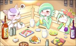  alcohol beer blush bottle commentary_request cup drinking drinking_glass drunk fish_(food) food gardevoir heart indoors lilligant mienshao pokemon pokemon_(creature) sake sake_bottle sashimi sougetsu_(yosinoya35) spoken_squiggle squiggle tofu tokkuri wine wine_glass 