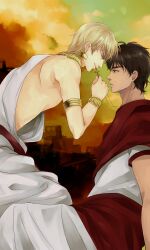  2boys armlet blonde_hair bracelet brown_eyes brown_hair commentary cross cross_kiss cross_necklace fate/zero fate_(series) gilgamesh_(fate) highres holding holding_cross jewelry kotomine_kirei male_focus multiple_boys necklace photoshop_(medium) red_eyes robe seojung toga 