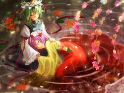  2girls arm_ribbon bad_id bad_pixiv_id branch closed_eyes flower green_hair hair_flower hair_ornament hat hat_ribbon hieda_no_akyuu hip_vent lap_pillow lily_pad long_sleeves multiple_girls partially_submerged petals petals_on_liquid photoshop_(medium) purple_hair red_flower ribbon ripples sash shiki_eiki shirt short_hair side_slit sitting skirt smile spider_lily touhou urabe_michiru water wide_sleeves 