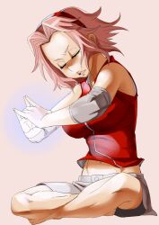  barefoot closed_eyes commentary_request elbow_pads female forehead_protector hairband karana_mudra konakona kuji-in meditation midriff mudra naruto naruto_(series) open_mouth photoshop_(medium) pink_hair sakura_haruno sitting solo 