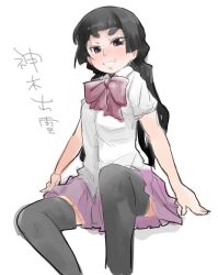  ao_no_exorcist bad_id bad_pixiv_id black_hair black_thighhighs enemagura_kiku_hiro female grin kamiki_izumo long_hair purple_eyes school_uniform sitting smile solo thick_eyebrows thighhighs 