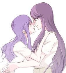  bad_id bad_pixiv_id blush eye_contact glasses heartcatch_precure! hug imminent_kiss kurumi_momoka long_hair looking_at_another multiple_girls negom precure profile purple_hair school_uniform simple_background tears tsukikage_yuri yuri 