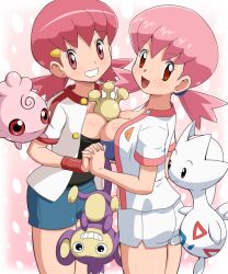  2girls aipom annotated between_breasts breast_press breasts cleavage comparison cowboy_shot dual_persona grin hair_ornament holding_hands igglybuff interlocked_fingers looking_at_viewer looking_back medium_breasts multiple_girls open_clothes pink_eyes pink_hair pokemoa pokemon pokemon_(creature) pokemon_gsc pokemon_hgss rubber_band short_twintails shorts smile symmetrical_docking togetic twintails unbuttoned whitney_(pokemon) wristband 