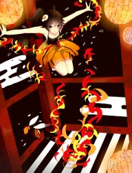  absurdres araragi_karen bad_id bad_pixiv_id bare_shoulders bee black_eyes black_hair breasts bug cleavage egasumi egg_(food) egg_hair_ornament female fire food food-themed_hair_ornament fried_egg hair_ornament highres kusamoto_sora lantern long_hair monogatari_(series) nisemonogatari orange_shorts outstretched_arms paper_lantern shorts side_ponytail small_breasts smile solo 