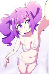  absurdres armpits artist_name bikini blush breasts cigarette closed_mouth contrapposto drill_hair female fingernails geewhy hand_up head_tilt highres holding holding_cigarette medium_breasts micro_bikini nail_polish navel otachan purple_eyes purple_hair purple_nails selfie side-tie_bikini_bottom smile smoke smoking solo subscribestar_username swimsuit the_otachan_show twin_drills twintails web_address white_bikini 