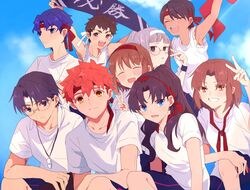  4boys 5girls :d black_hair blue_eyes blue_hair blue_sky blush brown_hair closed_mouth cloud commentary_request day emiya_shirou fate/stay_night fate_(series) glasses grey_hair grin hair_ribbon hairband headband himuro_kane kamo_0707 looking_at_viewer makidera_kaede matou_shinji mitsuzuri_ayako multiple_boys multiple_girls on_one_knee open_mouth outdoors purple_eyes red_hair red_hairband red_ribbon ribbon ryuudou_issei saegusa_yukika shirt short_hair short_sleeves sky smile tohsaka_rin v wavy_hair whistle whistle_around_neck white_hairband white_shirt wristband yellow_eyes 