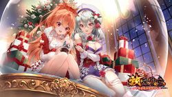  2girls :d acorn acorn_hair_ornament ahoge animal_hair_ornament arm_at_side arm_support box braid character_request christmas christmas_ornaments christmas_tree copyright_name detached_collar dress dutch_angle dyed_ahoge flower_trim from_below gift gift_box hair_ornament hat high_ponytail highres houchi_shoujo in_container indoors knees_together_feet_apart knees_up lace-trimmed_dress lace_trim layered_sleeves long_hair looking_at_object looking_down looking_to_the_side merry_christmas mito_itsuki multiple_girls night night_sky official_art orange_hair pointing pom_pom_(clothes) ponytail puffy_sleeves purple_dress red_eyes reflection short_dress side_braid sitting sky smile snow snow_globe snowflakes snowman star_(symbol) turtleneck twin_braids very_long_hair white_headwear window yokozuwari 