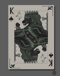  2017 anthro armor canid canine canis card card_template clothed clothing digital_media_(artwork) green_eyes grey_background headgear heart_symbol helmet king king_of_spades male mammal playing_card playing_card_template ring royalty simple_background solo spades_(suit) suit_symbol symmetry symmetry_(rotational) teeth wolf wolfdawg 