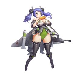  assault_rifle black_thighhighs blue_hair blush boots breasts cleavage corn djinnia_(last_origin) eating female food full_body game_cg green_eyes gun highres large_breasts last_origin leotard official_art rifle sima_(startwitch) skindentation solo tachi-e thighhighs transparent_background twintails weapon wings 