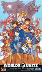  3girls 6+boys :d alex_kidd alex_kidd_(character) amaterasu_(ookami) androgynous android animal_nose archie_comics arm_cannon bandana bikini billy_hatcher billy_hatcher_and_the_giant_egg blonde_hair blue_eyes blue_headwear blue_sky bracelet breath_of_fire breath_of_fire_iii brown_hair capcom cape claws clenched_hand closed_eyes closed_mouth commentary company_name crossed_arms crossover cutlass day dragon edwin_huang egg english_commentary english_text eternal_arcadia eyepatch fire flying furry furry_female furry_male gloves golden_axe gore_magala green_eyes grin hairband hands_on_own_hips hat headband helmet highres holding holding_egg holding_sword holding_weapon jewelry keil_fluge logo looking_at_viewer makaimura mega_man_(character) mega_man_(classic) mega_man_(series) mega_man_x_(series) monster_hunter_(series) monster_hunter_4 multiple_boys multiple_crossover multiple_girls muscular nights_(character) nights_into_dreams nina_(breath_of_fire_iii) official_art okami open_mouth outdoors panzer_dragoon red_arremer red_eyes red_headband red_headwear ryu_(street_fighter) sega serious sky smile sonic_(series) sonic_boom_(series) sonic_the_hedgehog sonic_the_hedgehog_(archie_comics) spikes sticks_the_badger street_fighter swimsuit sword tattoo tongue tyris_flare viewtiful_joe viewtiful_joe_(character) vyse weapon white_gloves white_wings wings x_(mega_man) 