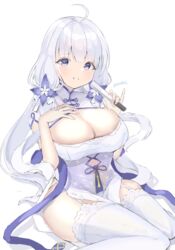  ahoge azur_lane bad_id bad_pixiv_id blue_eyes breasts china_dress chinese_clothes cleavage commentary cutout_above_navel dress female folded_fan folding_fan garter_straps hand_fan highres holding holding_fan huge_breasts illustrious_(azur_lane) illustrious_(maiden_lily&#039;s_radiance)_(azur_lane) kisahipi long_hair looking_at_viewer official_alternate_costume pelvic_curtain simple_background sitting thighhighs tri_tails very_long_hair wariza white_background white_garter_straps white_hair white_thighhighs 