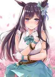  animal_ears bare_shoulders black_hair blue_bow blue_skirt blush bow breasts closed_mouth commentary_request ear_bow female floral_background flower gloves half_gloves hand_up highres horse_ears horse_girl konka long_hair looking_at_viewer medium_breasts mejiro_dober_(umamusume) petals pleated_skirt purple_eyes red_flower red_rose rose shirt skirt sleeveless sleeveless_shirt solo striped striped_bow umamusume very_long_hair white_gloves white_shirt 