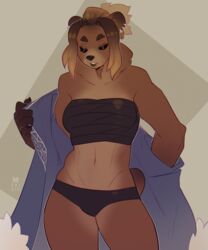  5_fingers anthro athletic athletic_anthro athletic_female bear blue_clothing blue_robe breasts brown_bear brown_body brown_fur brown_hair brown_nose brown_tail chest_wraps claws closed_eyes clothing collarbone countershading ear_piercing female fetalstar fingers front_view fur hair kodiak_bear maeve_(peachoctopi) mammal medium_breasts multicolored_hair muscular muscular_anthro muscular_female navel neck_tuft piercing portrait robe signature simple_background soft_abs solo tail tan_body tan_fur three-quarter_portrait tuft two_tone_hair underwear undressing ursine wraps 